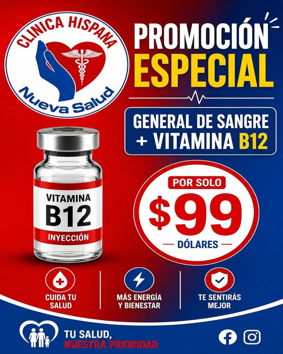 Promoción especial General de Sangre más inyección de Vitamina B12 por $99 en Clínica Hispana Nueva Salud Michoacana, Pasadena, TX