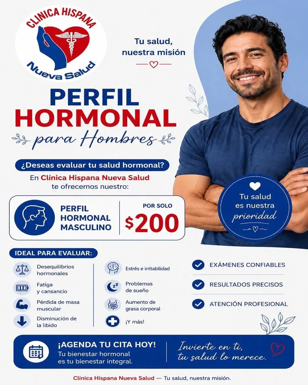 Promoción Perfil Hormonal Masculino por $200 en Clínica Hispana Nueva Salud Michoacana, Pasadena, TX