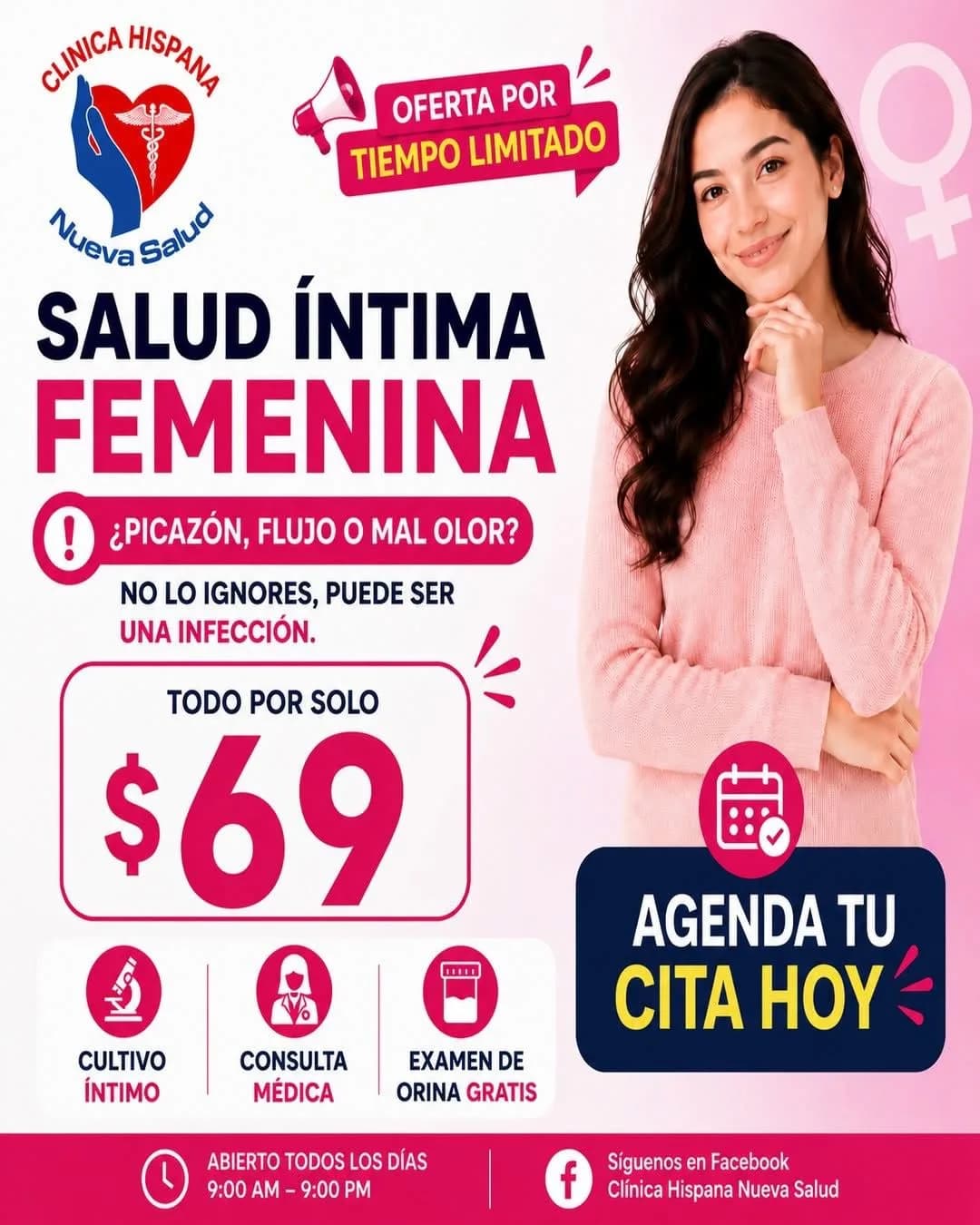 Promoción Salud Íntima Femenina por $69 en Clínica Hispana Nueva Salud Michoacana, Pasadena, TX